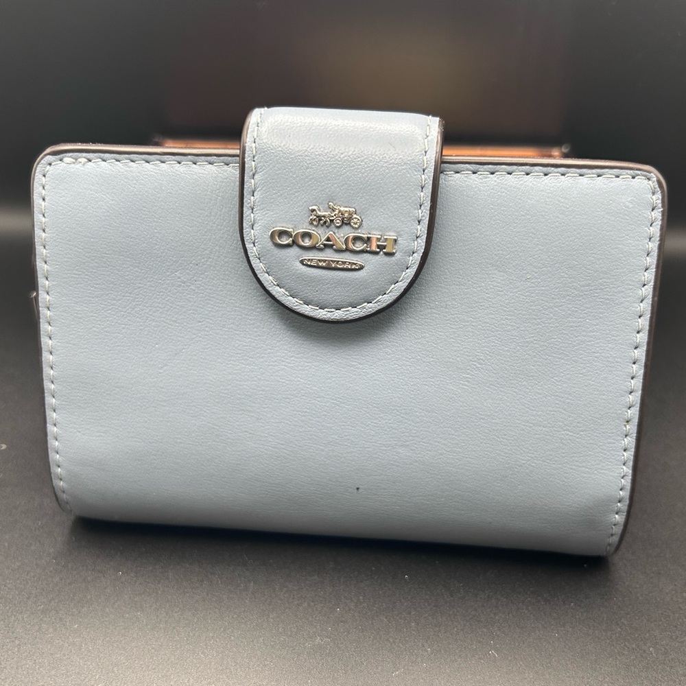 Coach Baby Blue Leather Snap Wallet with silver Logo